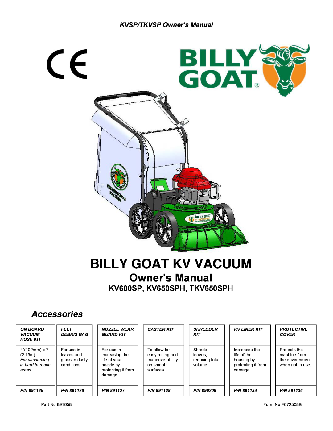Billy Goat owner manual KV600SP, KV650SPH, TKV650SPH, Billy Goat Kv Vacuum, Accessories 