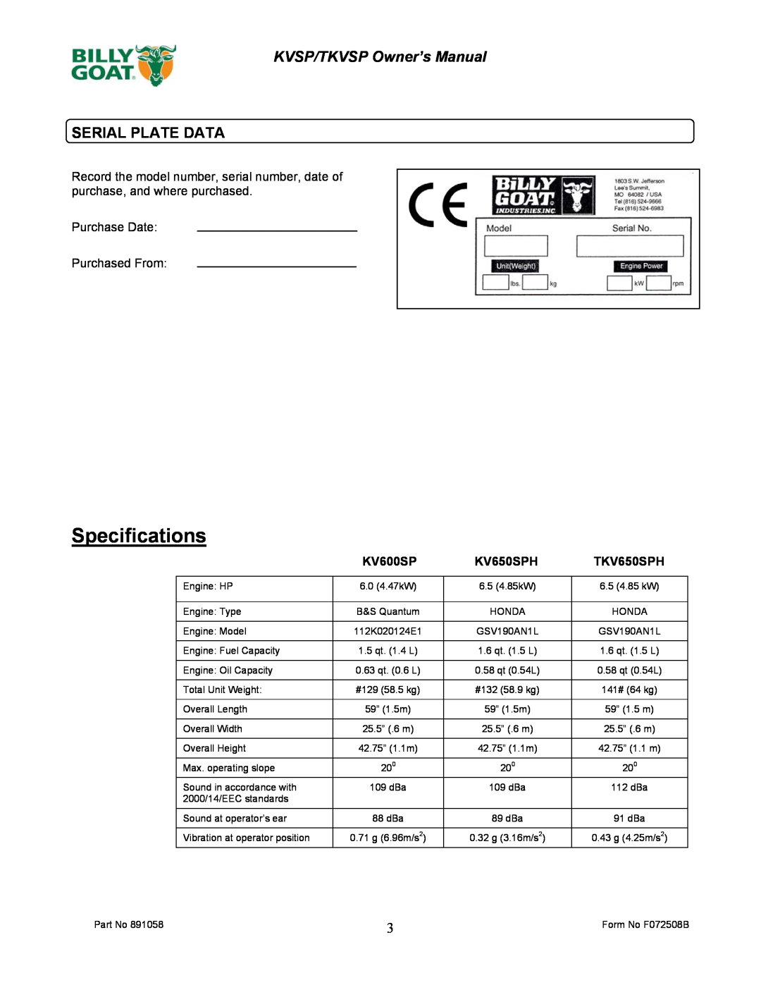 Billy Goat TKV650SPH owner manual Serial Plate Data, Specifications, KV600SP 