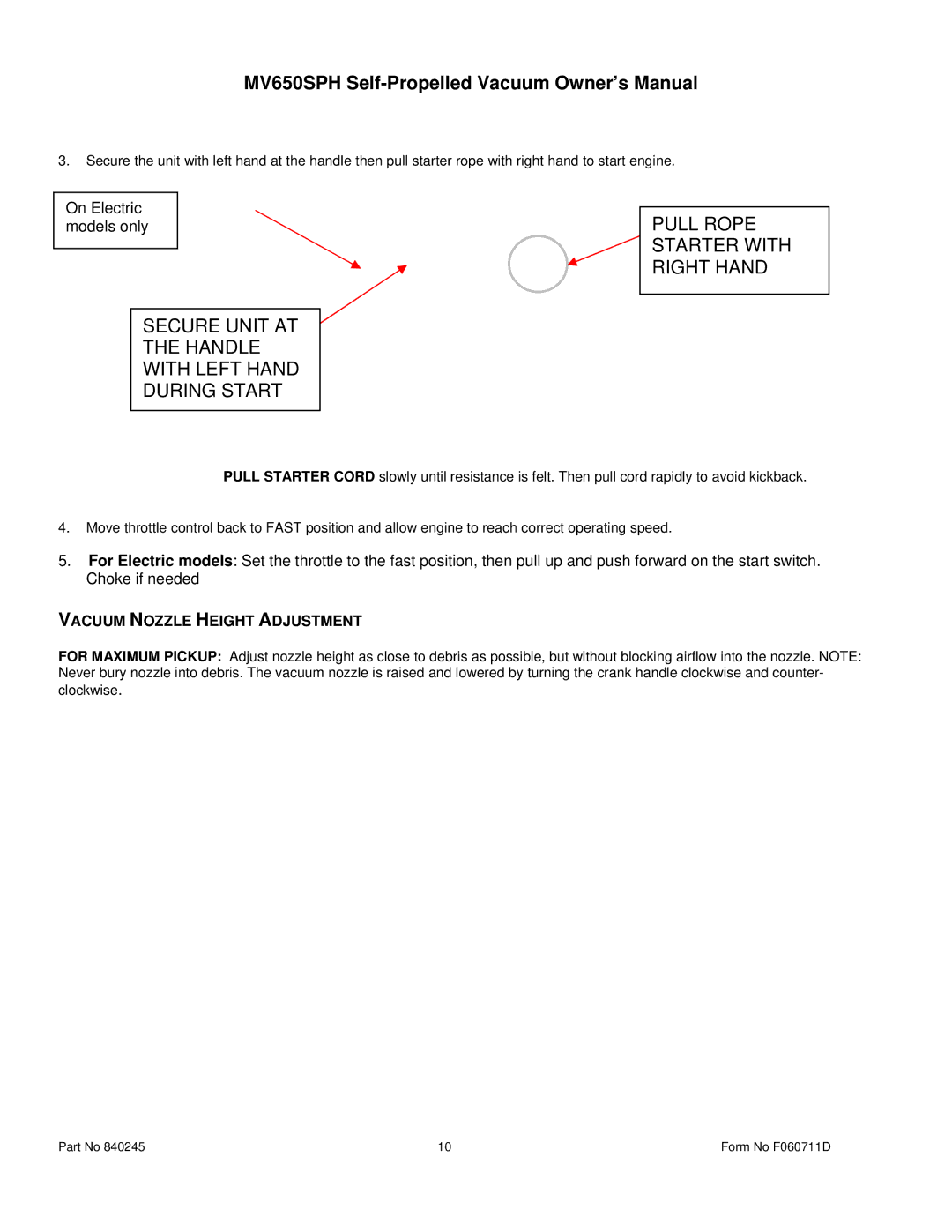 Billy Goat MV600SPE owner manual Vacuum Nozzle Height Adjustment 