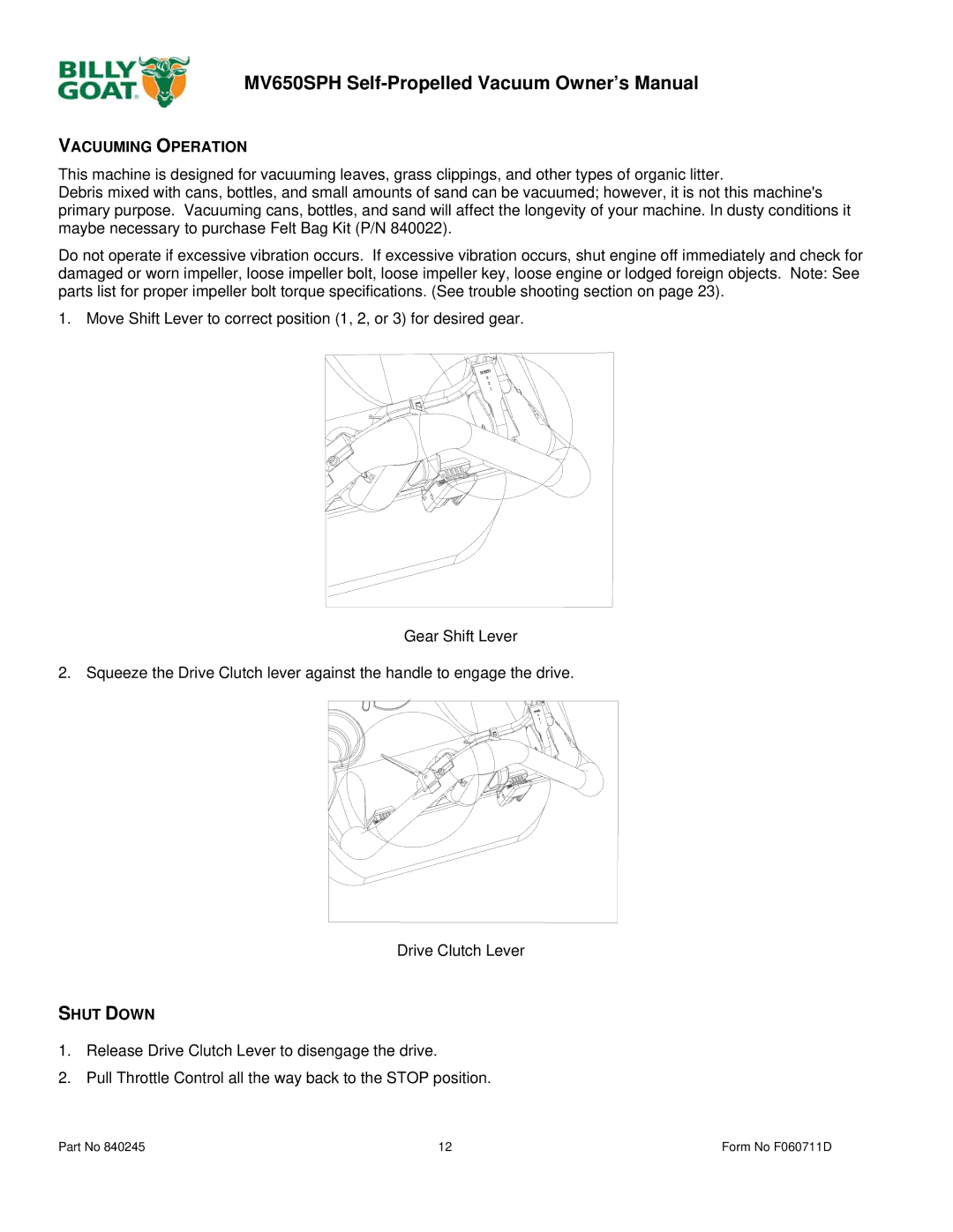 Billy Goat MV600SPE owner manual Vacuuming Operation, Shut Down 