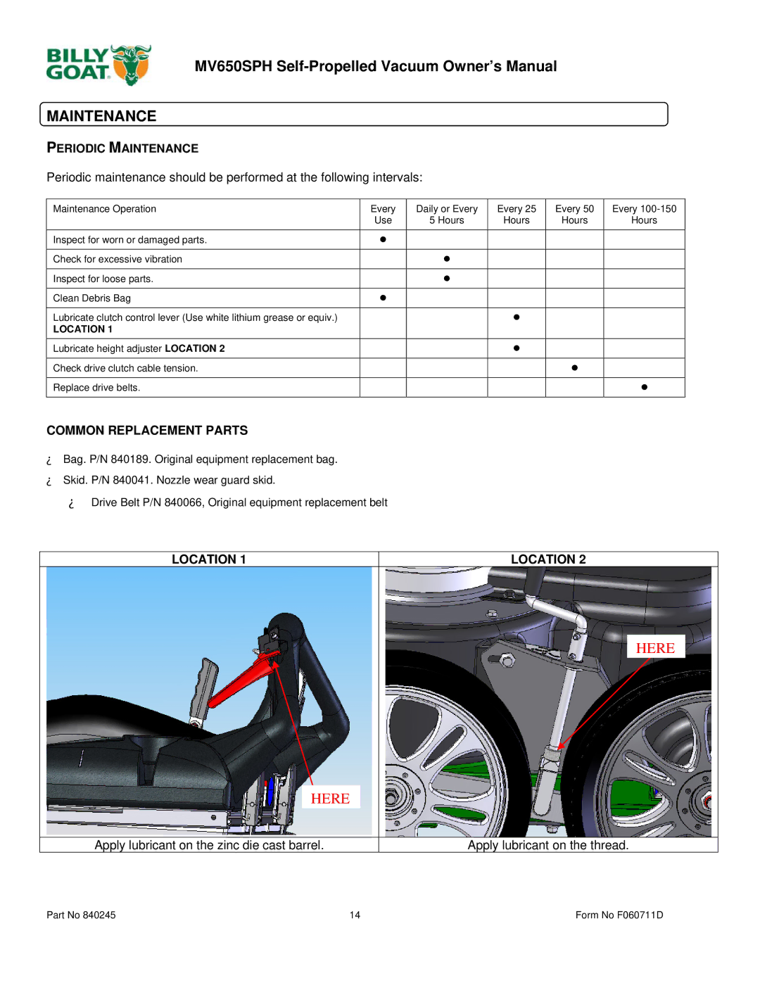 Billy Goat MV600SPE owner manual Periodic Maintenance, Common Replacement Parts, Location 