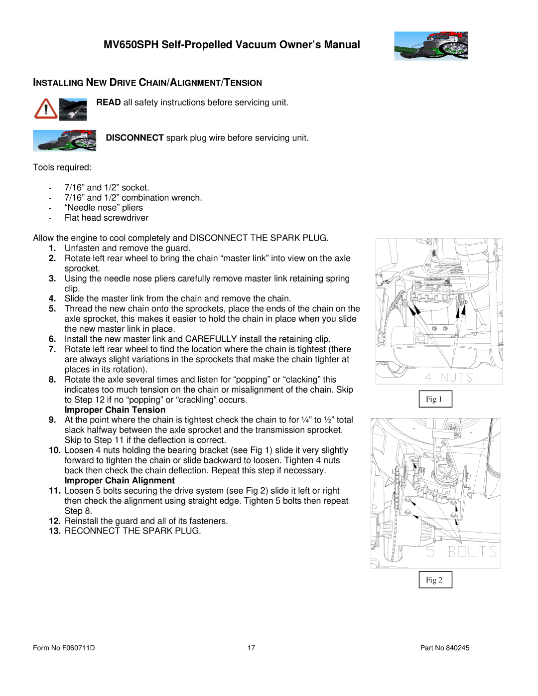 Billy Goat MV600SPE owner manual Installing NEW Drive CHAIN/ALIGNMENT/TENSION, Improper Chain Tension 