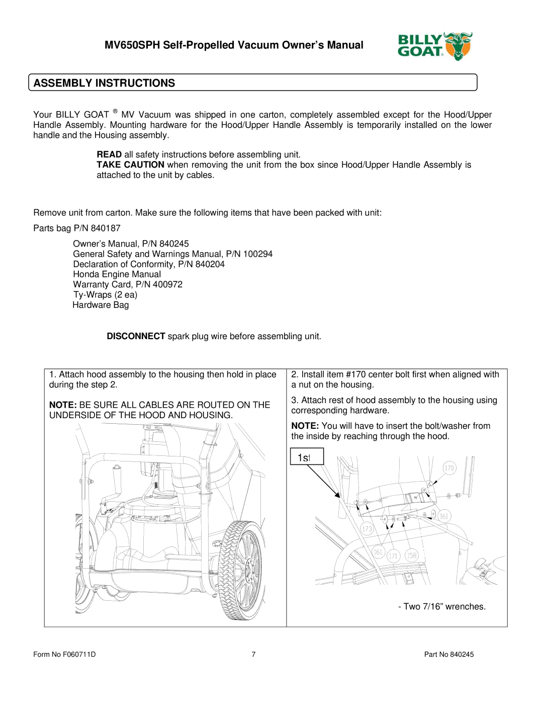 Billy Goat MV600SPE owner manual Assembly Instructions, 1st 