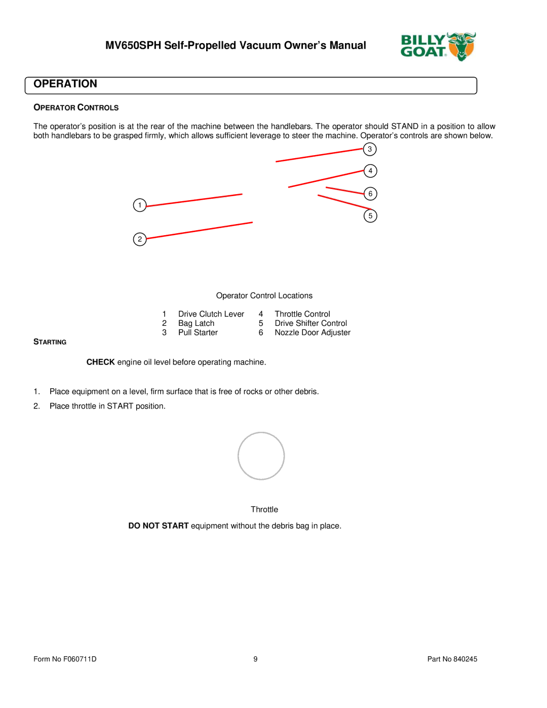 Billy Goat MV600SPE owner manual Operation, Operator Controls 