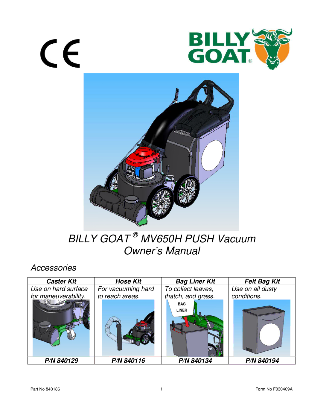 Billy Goat owner manual Billy Goat MV650H Push Vacuum 