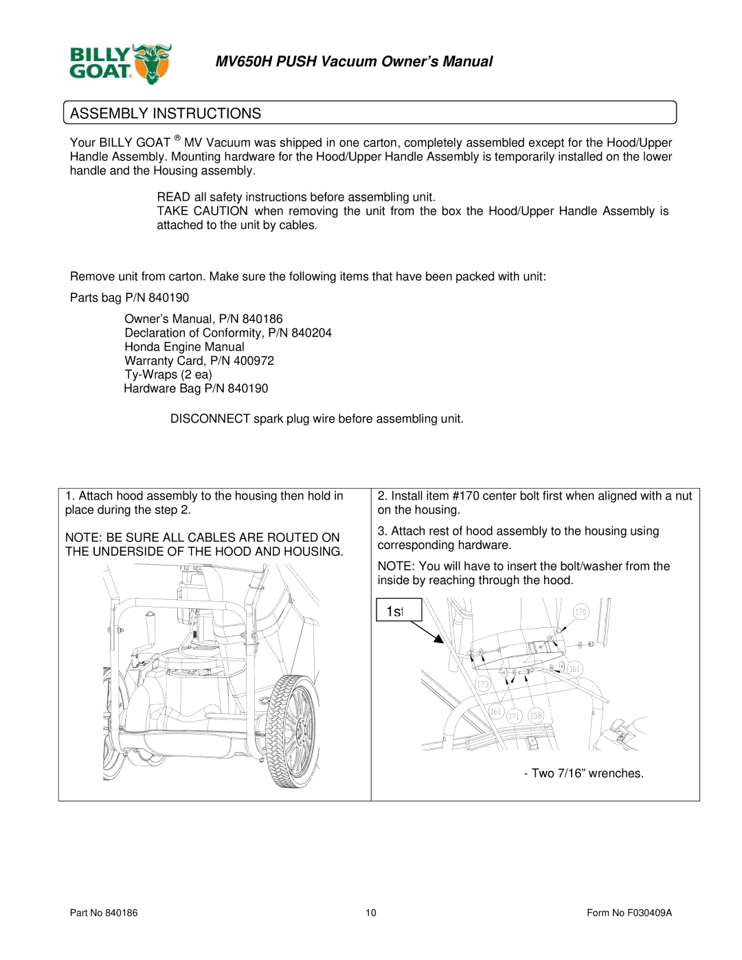 Billy Goat MV650H owner manual Assembly Instructions, 1st 