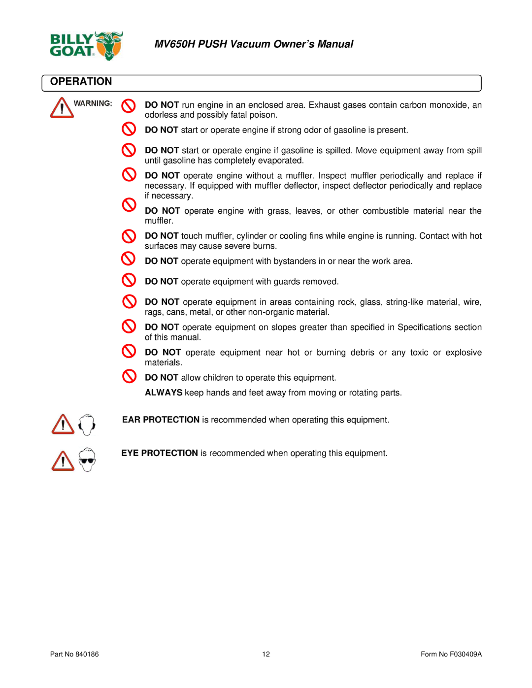 Billy Goat MV650H owner manual Operation 