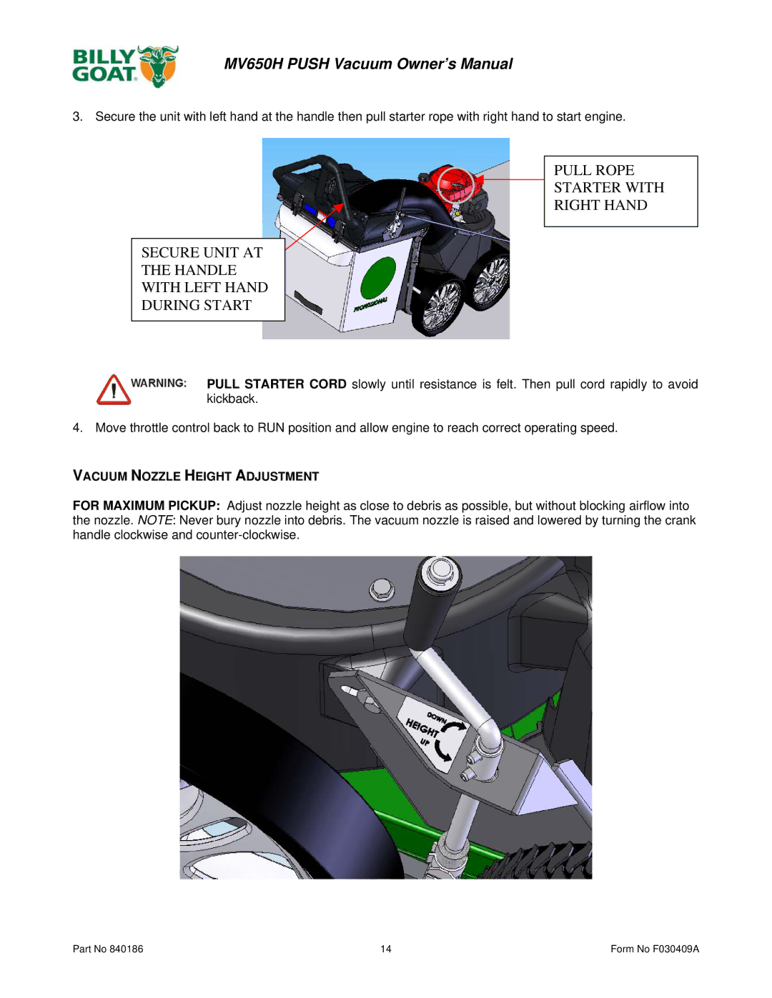 Billy Goat MV650H owner manual Vacuum Nozzle Height Adjustment 