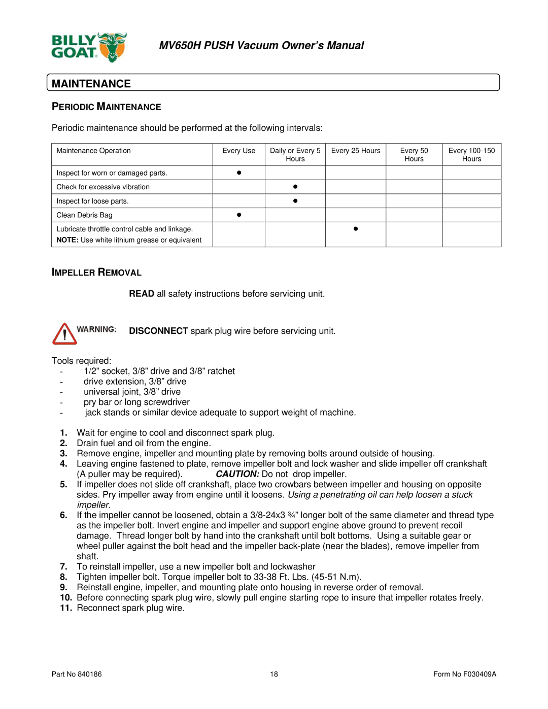 Billy Goat MV650H owner manual Periodic Maintenance, Impeller Removal 