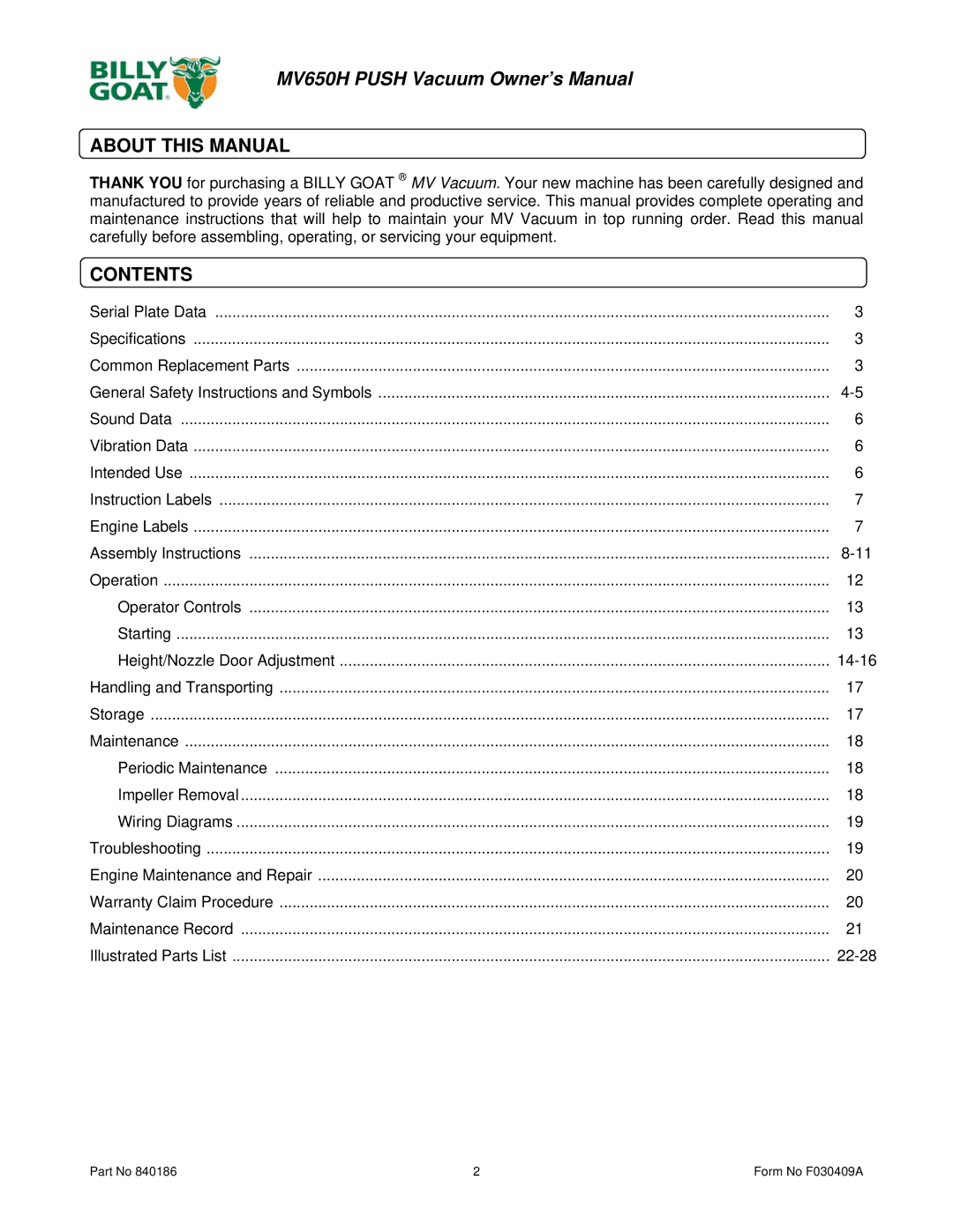 Billy Goat MV650H owner manual About this Manual, Contents 