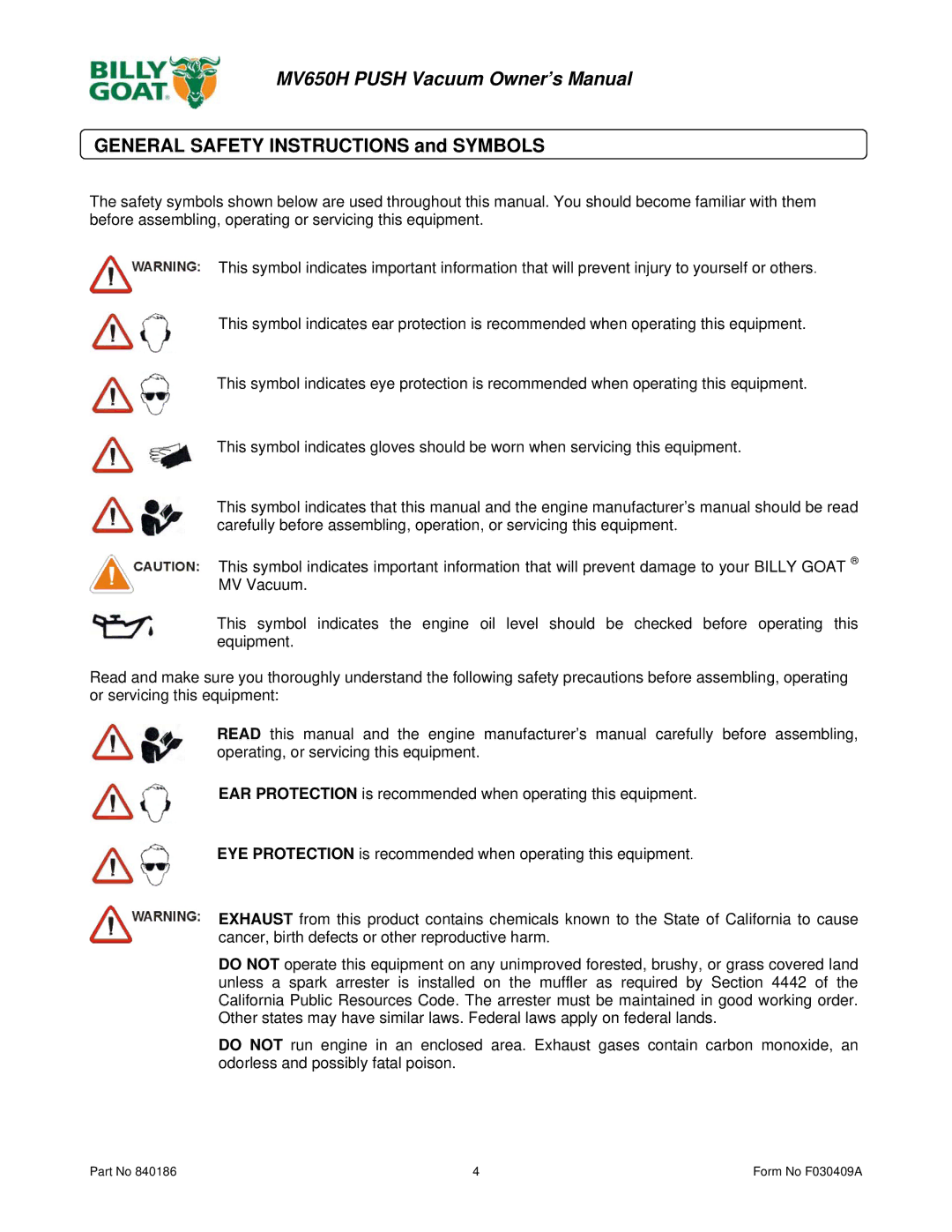 Billy Goat MV650H owner manual General Safety Instructions and Symbols 