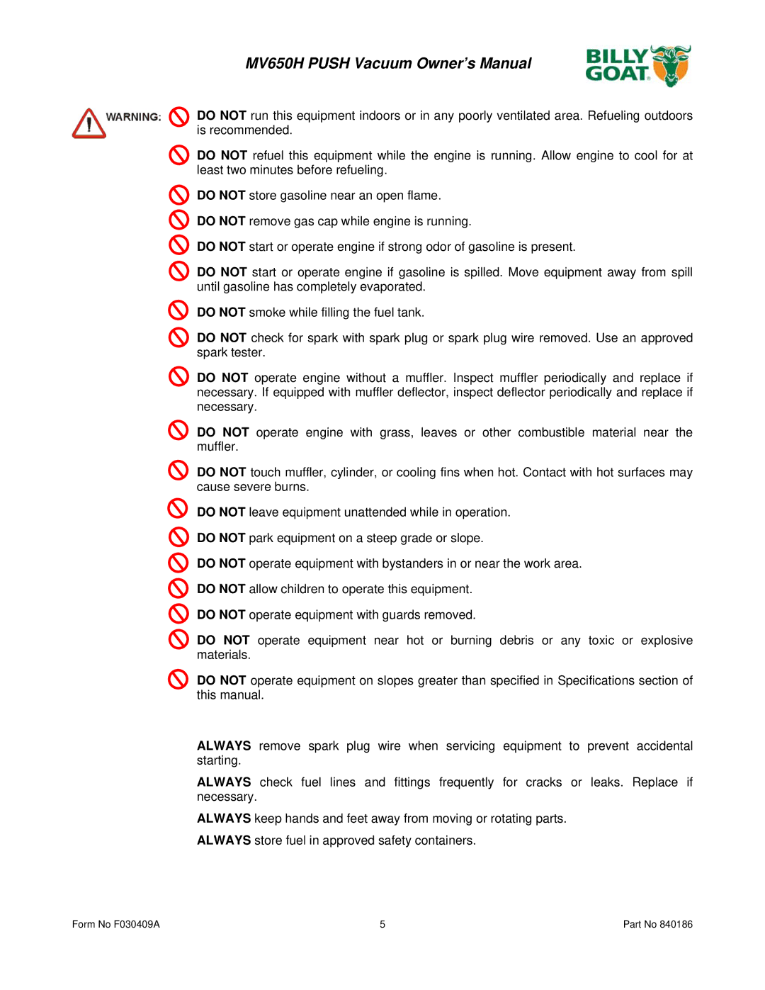 Billy Goat MV650H owner manual Form No F030409A 