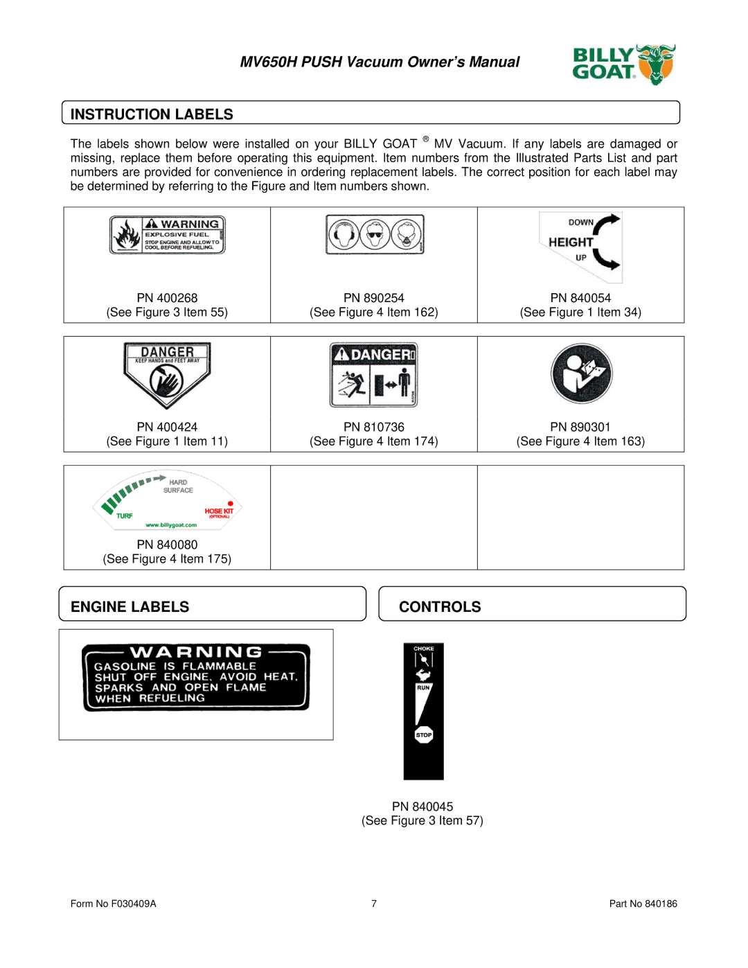 Billy Goat MV650H owner manual Instruction Labels, Engine Labels 