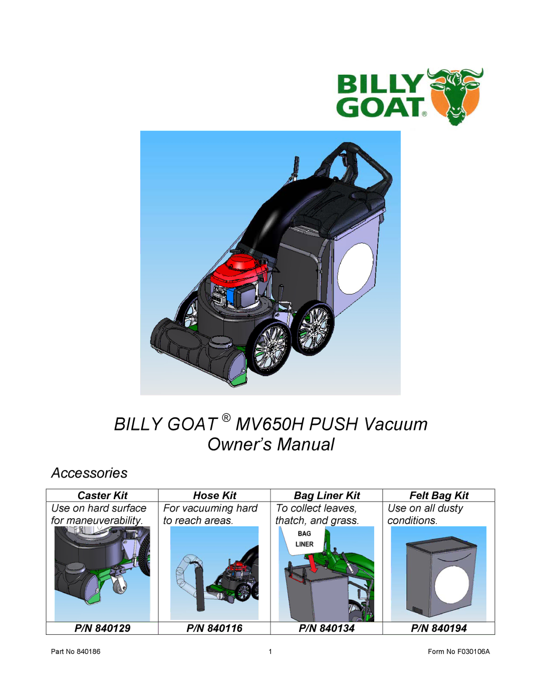 Billy Goat owner manual Billy Goat MV650H Push Vacuum 