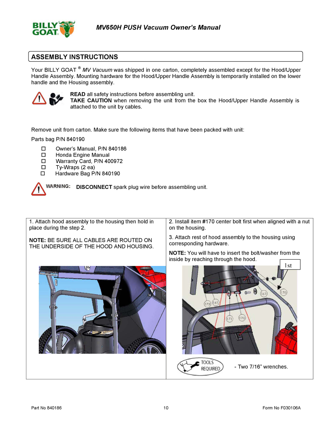 Billy Goat MV650H owner manual Assembly Instructions, 1st 