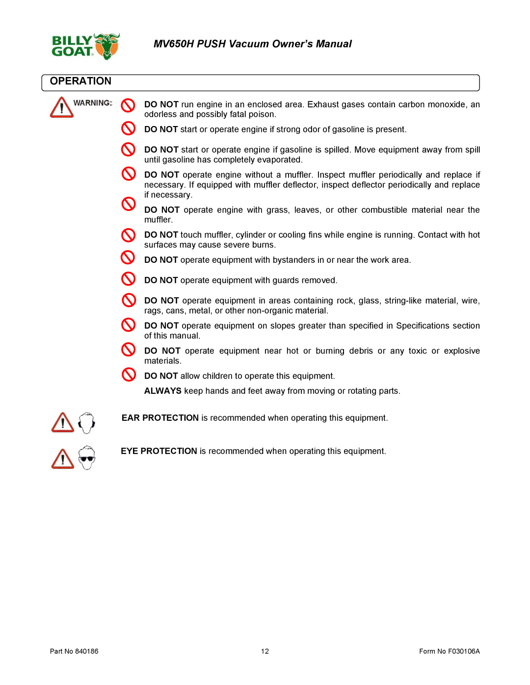 Billy Goat MV650H owner manual Operation 