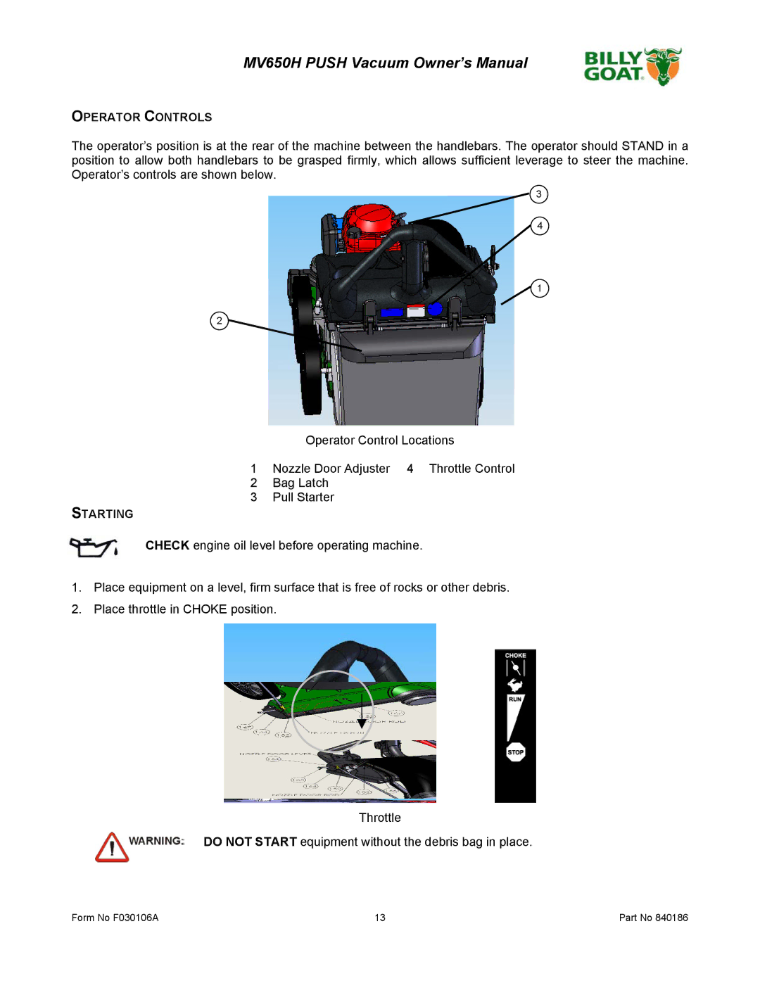 Billy Goat MV650H owner manual Operator Controls, Starting 