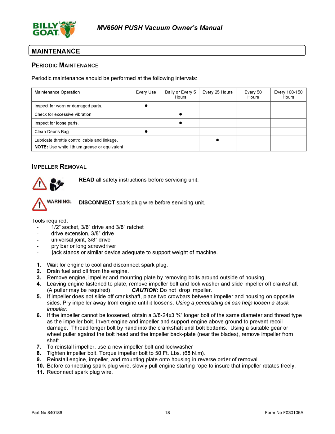 Billy Goat MV650H owner manual Periodic Maintenance, Impeller Removal 