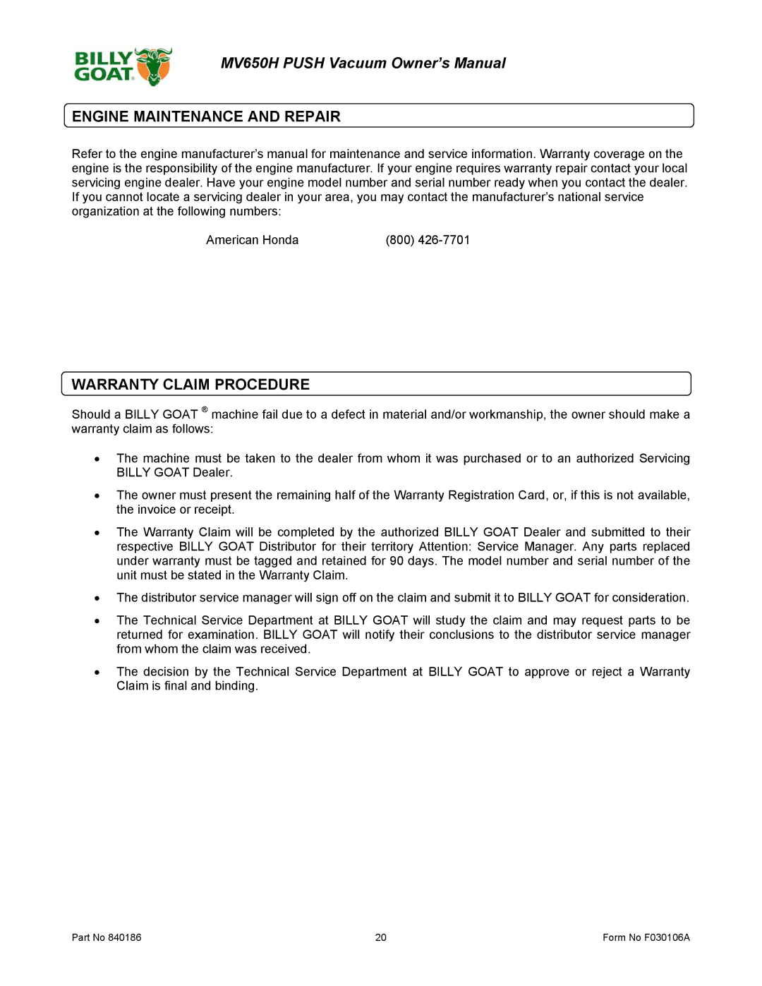 Billy Goat MV650H owner manual Engine Maintenance and Repair, Warranty Claim Procedure 