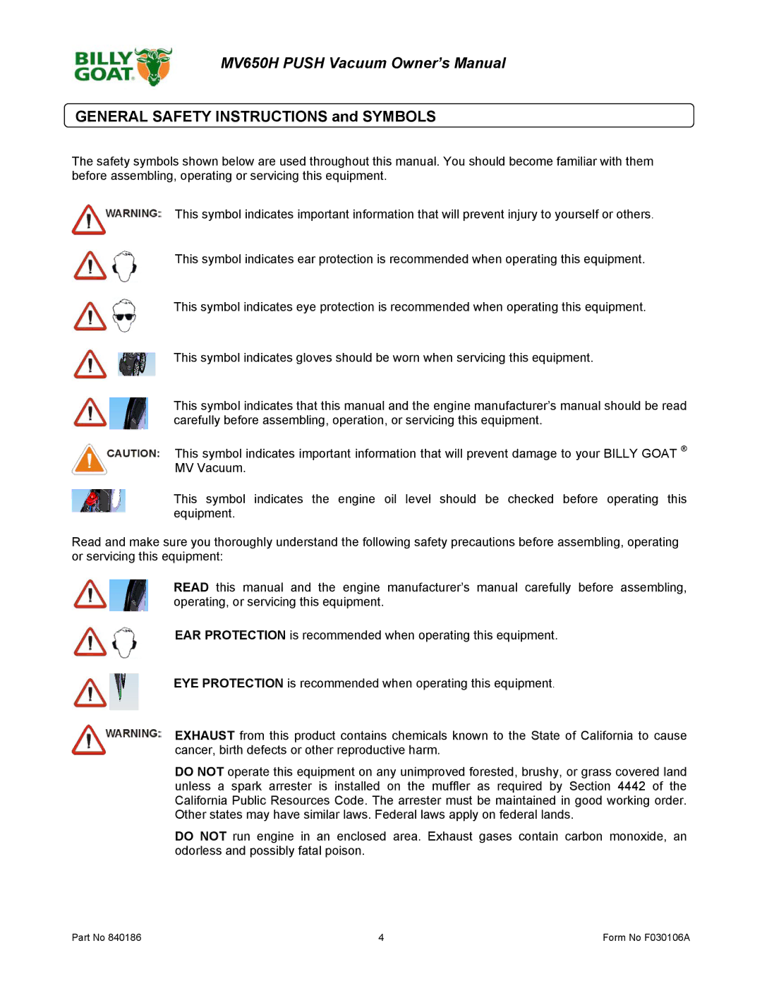 Billy Goat MV650H owner manual General Safety Instructions and Symbols 