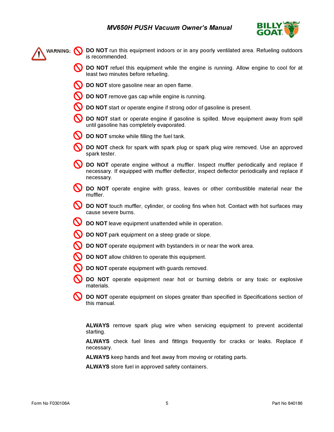 Billy Goat MV650H owner manual Form No F030106A 