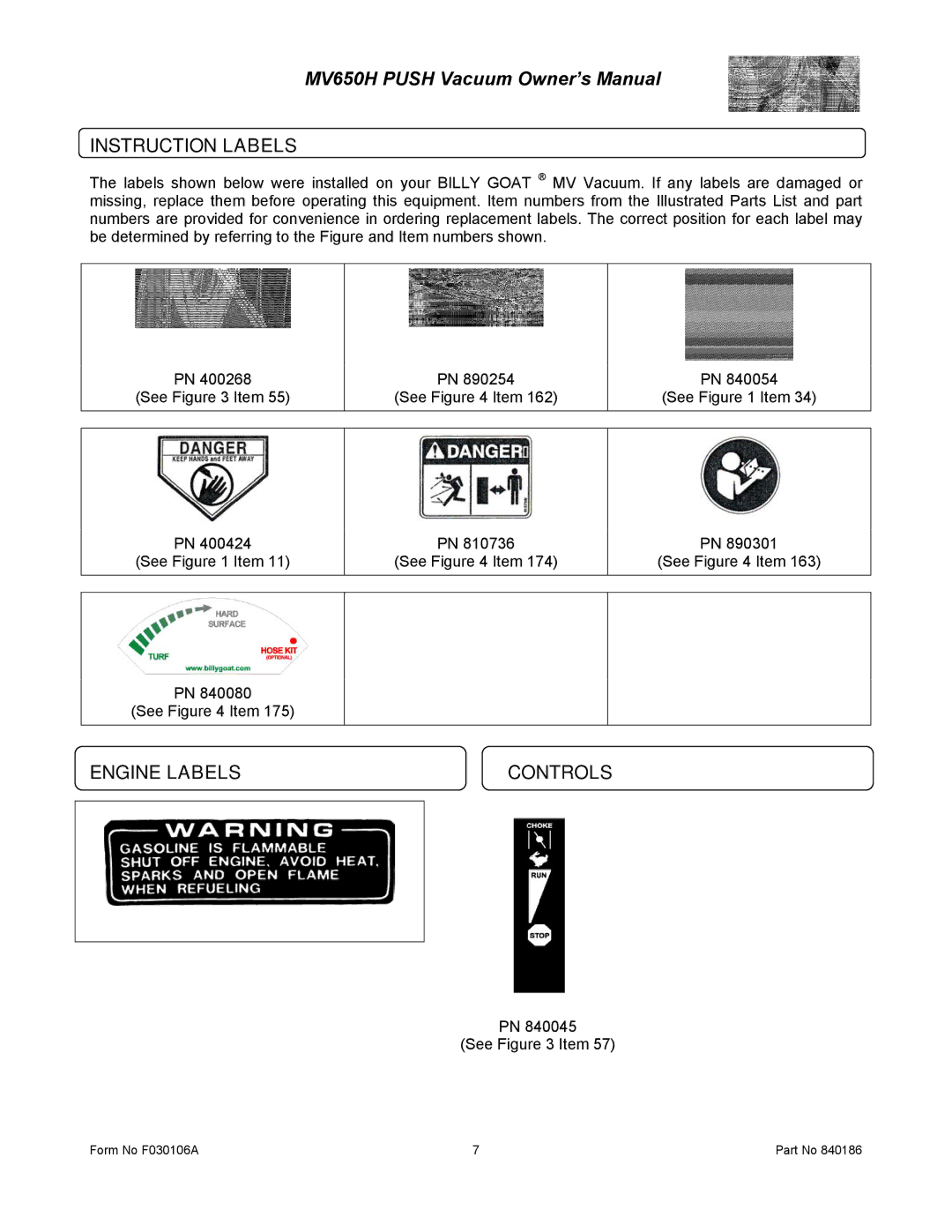 Billy Goat MV650H owner manual Instruction Labels, Engine Labels 