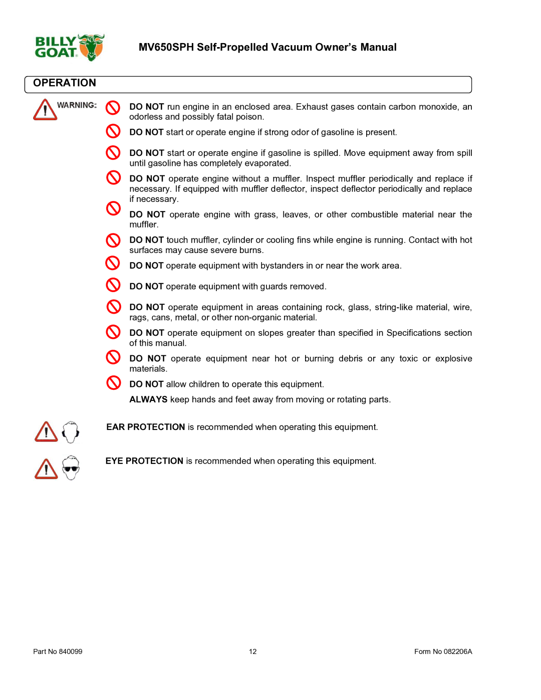 Billy Goat MV650SPH owner manual Operation 