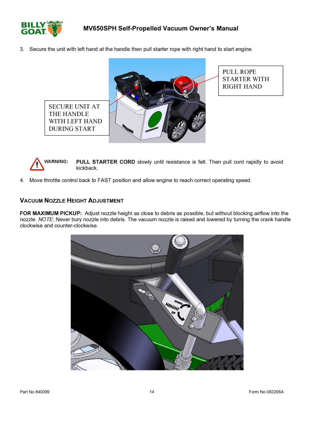 Billy Goat MV650SPH owner manual Vacuum Nozzle Height Adjustment 