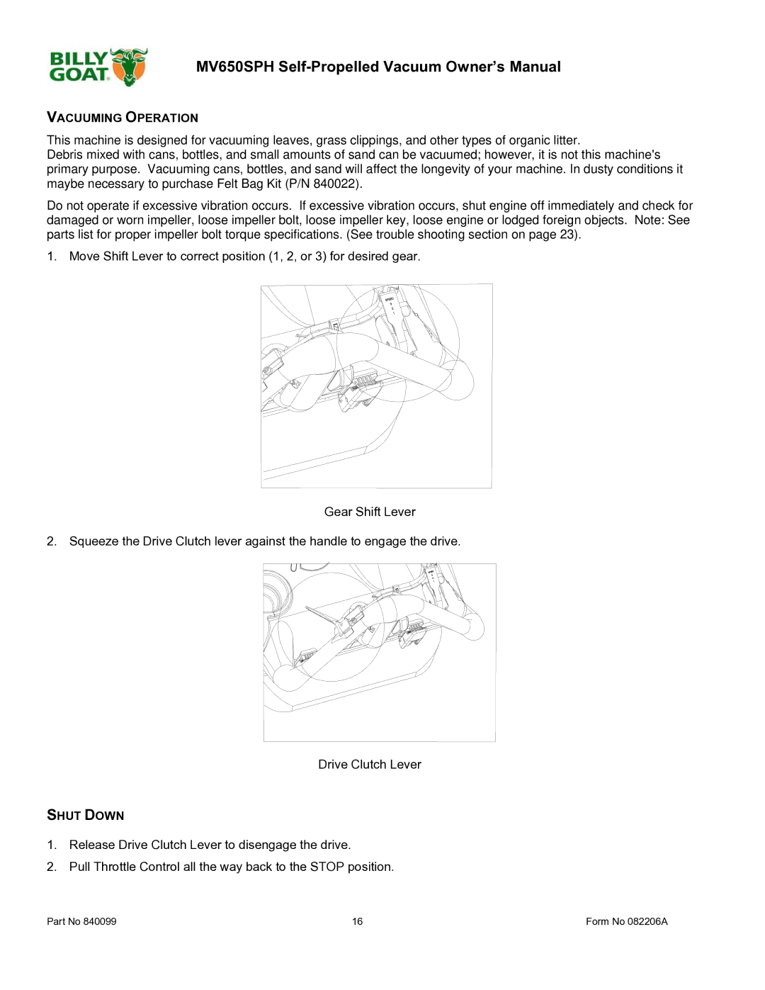 Billy Goat MV650SPH owner manual Vacuuming Operation, Shut Down 