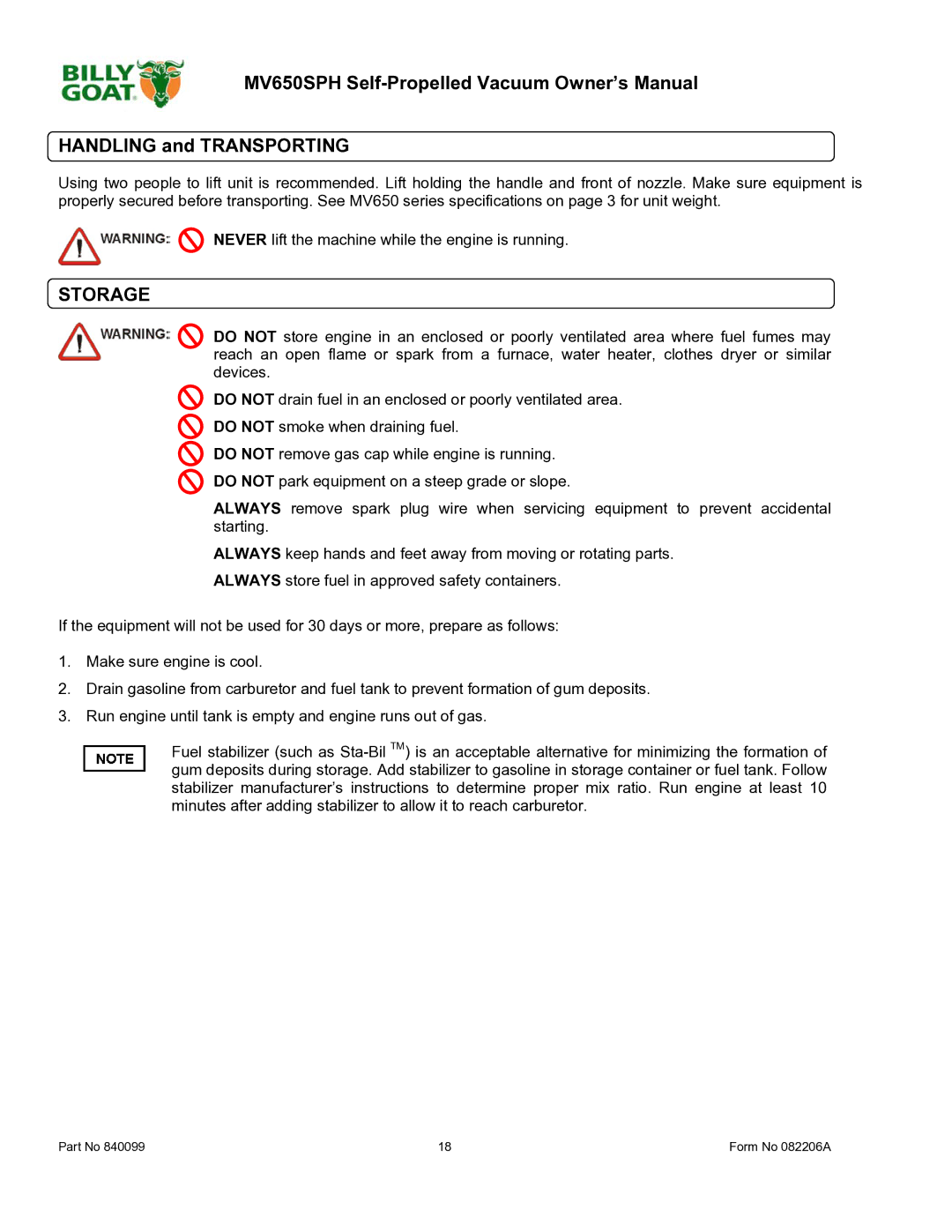 Billy Goat MV650SPH owner manual Handling and Transporting, Storage 