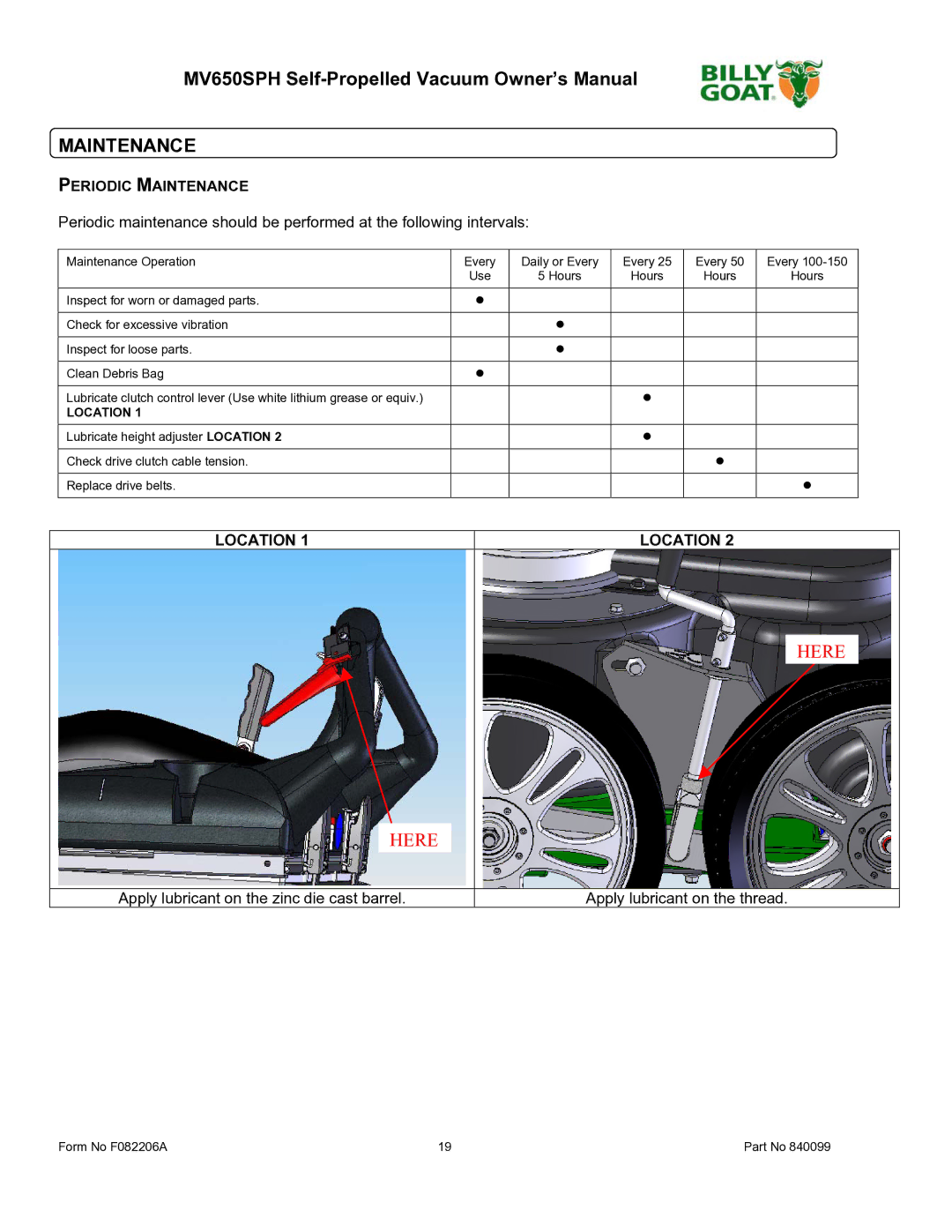 Billy Goat MV650SPH owner manual Periodic Maintenance, Location 