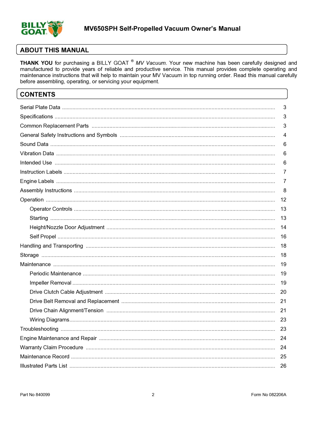 Billy Goat MV650SPH owner manual About this Manual, Contents 