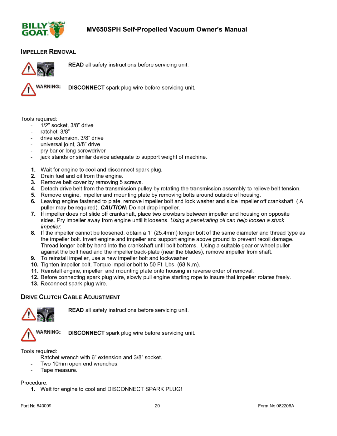 Billy Goat MV650SPH owner manual Impeller Removal, Drive Clutch Cable Adjustment 