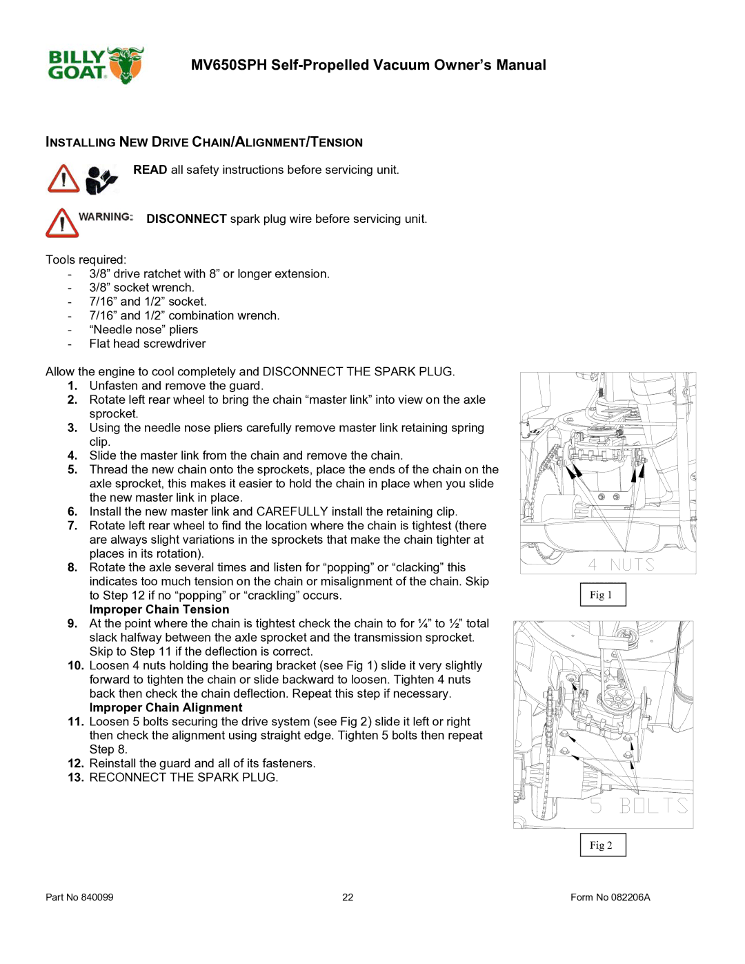 Billy Goat MV650SPH owner manual Installing NEW Drive CHAIN/ALIGNMENT/TENSION, Improper Chain Tension 