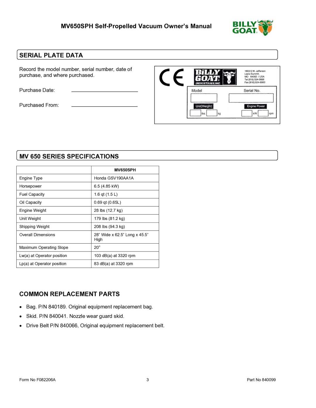 Billy Goat MV650SPH owner manual Serial Plate Data, MV 650 Series Specifications, Common Replacement Parts 