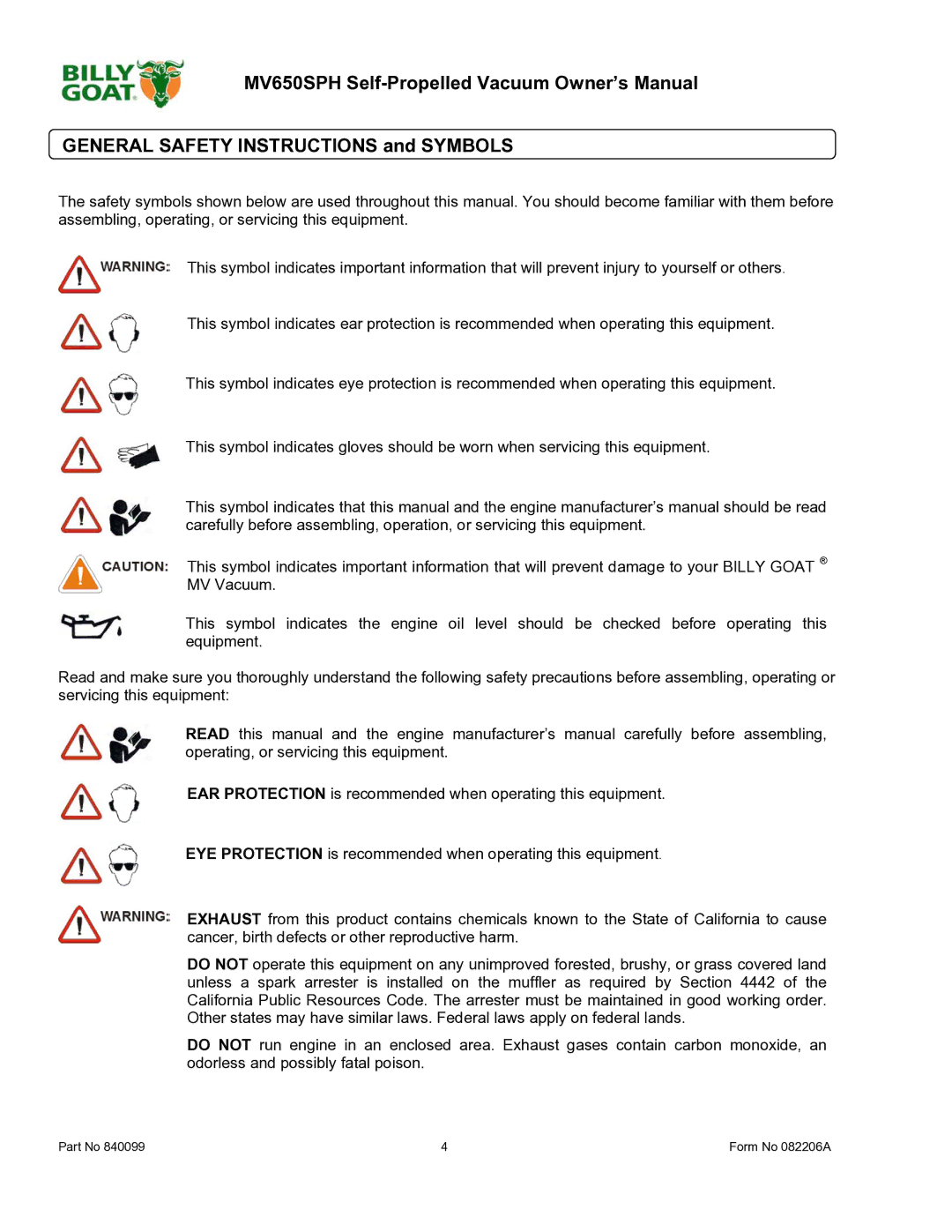 Billy Goat MV650SPH owner manual General Safety Instructions and Symbols 