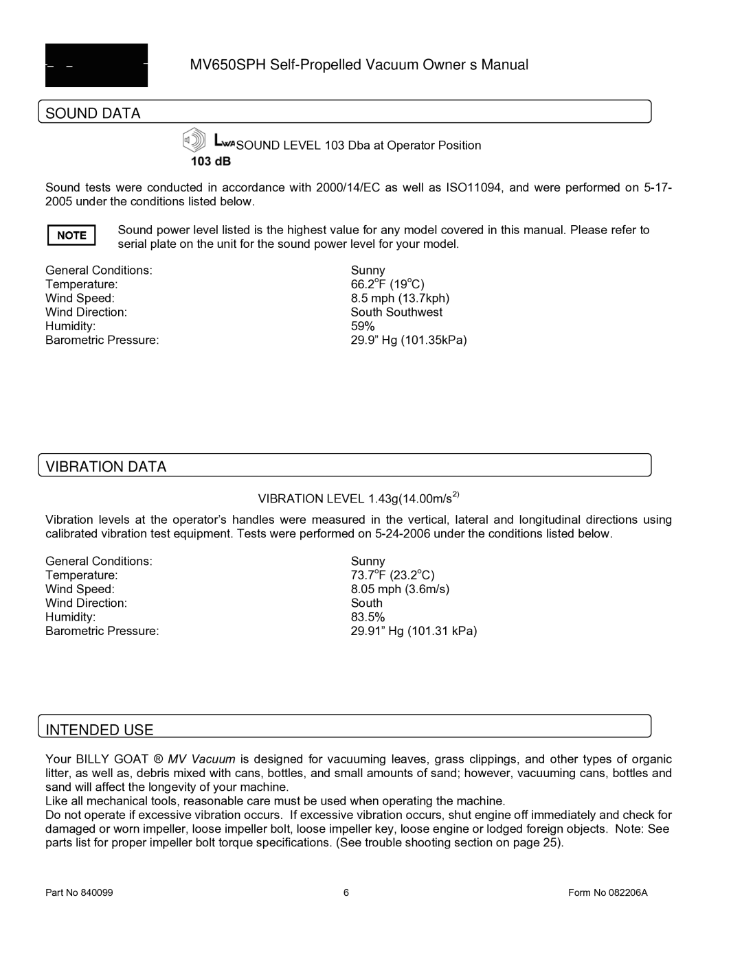 Billy Goat MV650SPH owner manual Sound Data, Vibration Data, Intended USE 