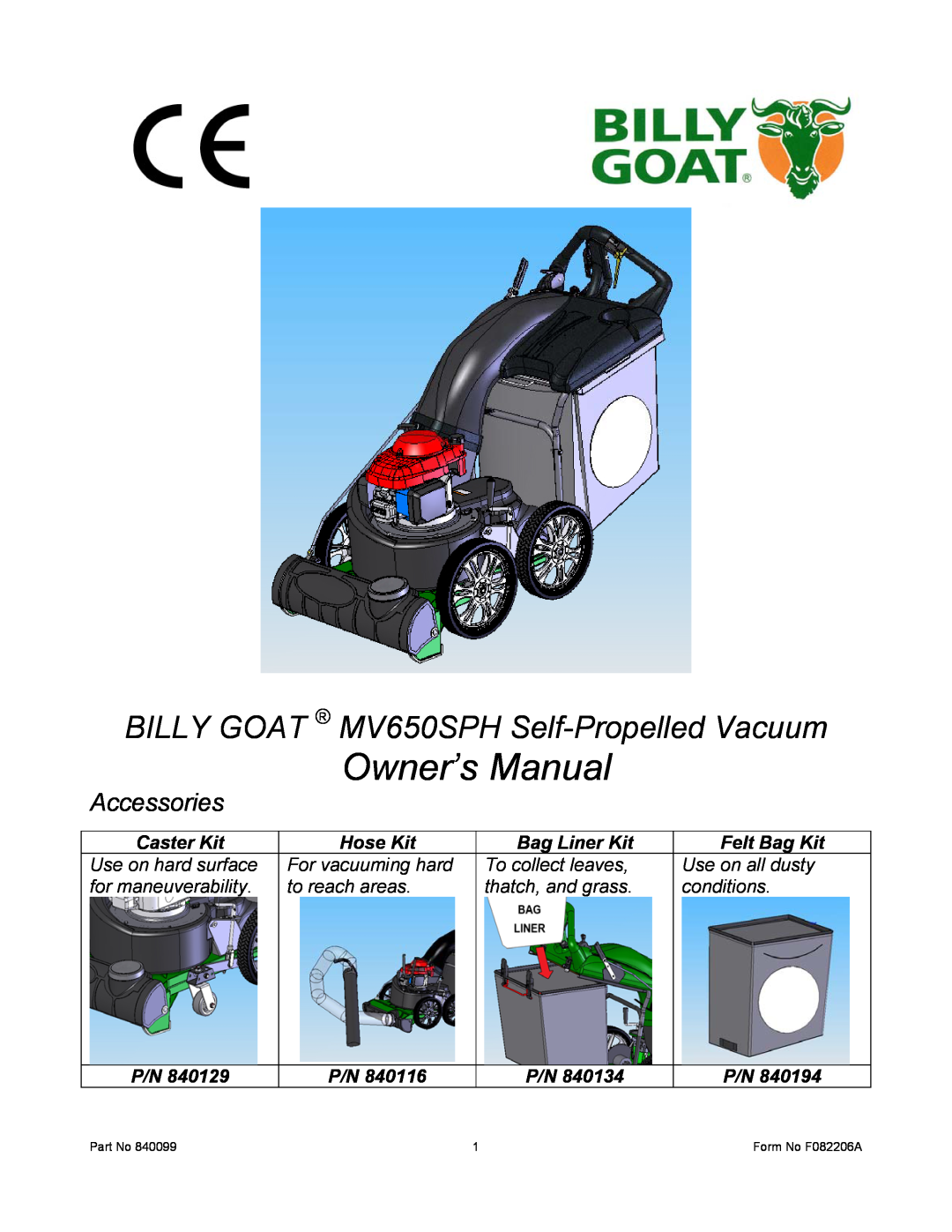 Billy Goat owner manual Owner’s Manual, BILLY GOAT MV650SPH Self-Propelled Vacuum, Accessories, Caster Kit, Hose Kit 
