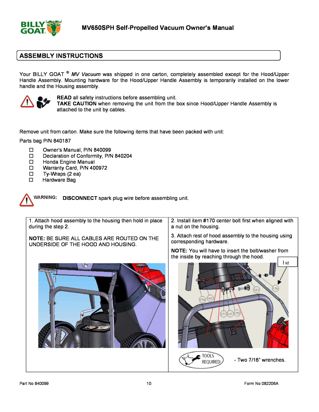 Billy Goat owner manual MV650SPH Self-Propelled Vacuum Owner’s Manual ASSEMBLY INSTRUCTIONS 