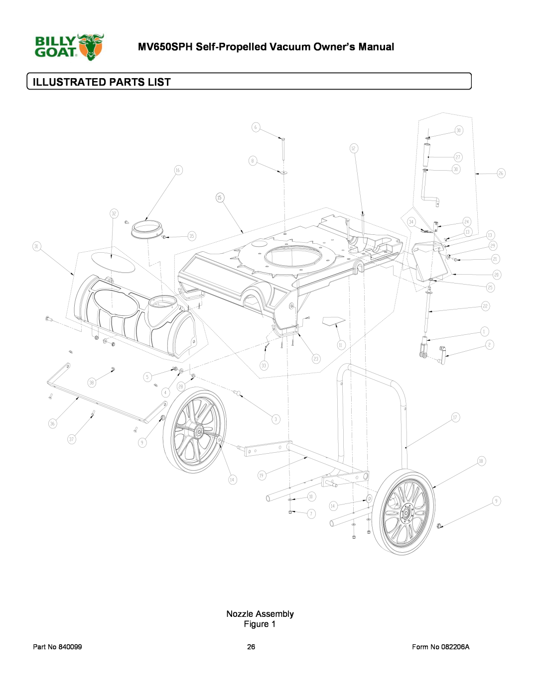 Billy Goat owner manual MV650SPH Self-Propelled Vacuum Owner’s Manual ILLUSTRATED PARTS LIST, Nozzle Assembly 