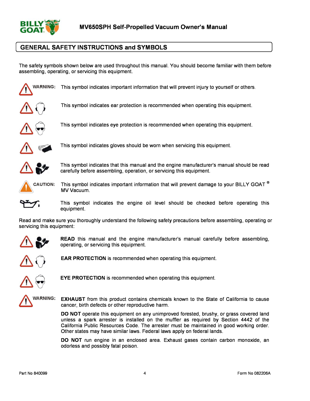 Billy Goat owner manual MV650SPH Self-Propelled Vacuum Owner’s Manual, GENERAL SAFETY INSTRUCTIONS and SYMBOLS 