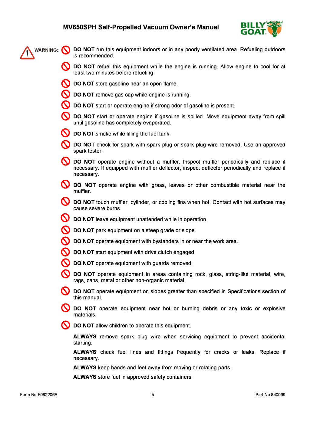 Billy Goat owner manual MV650SPH Self-Propelled Vacuum Owner’s Manual, DO NOT store gasoline near an open flame 