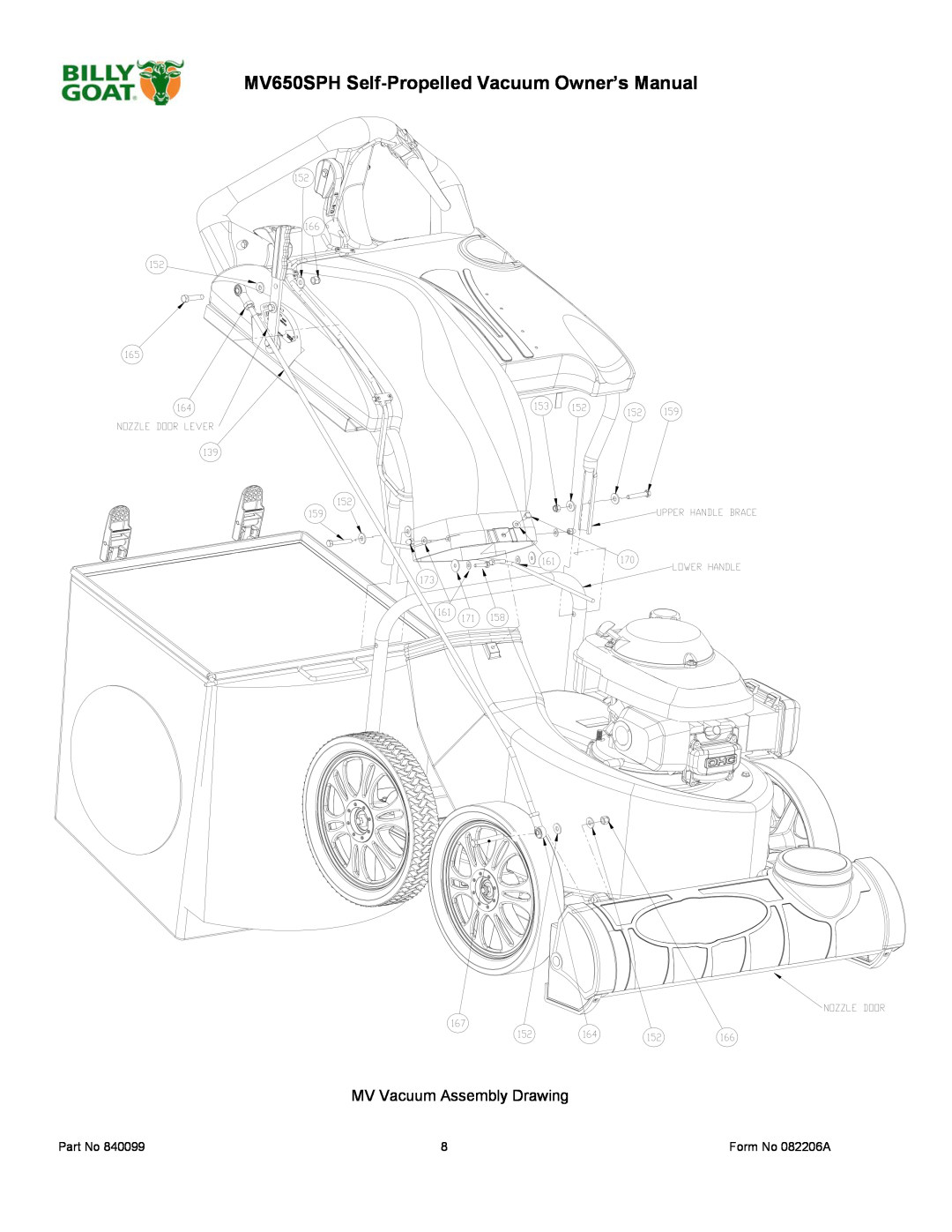 Billy Goat owner manual MV650SPH Self-Propelled Vacuum Owner’s Manual, MV Vacuum Assembly Drawing 