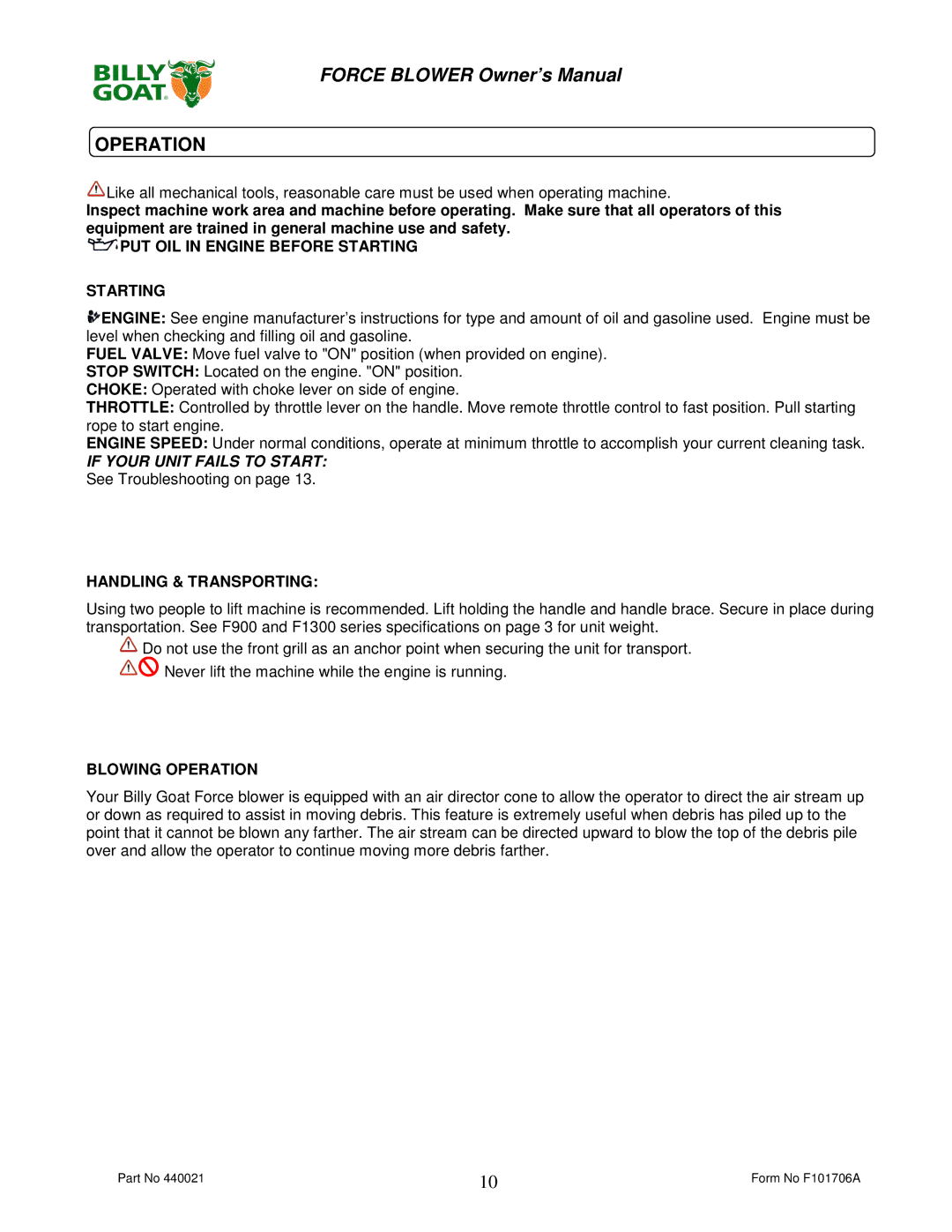 Billy Goat P / N 440120, P / N 440140 owner manual Operation, If Your Unit Fails to Start See Troubleshooting on 