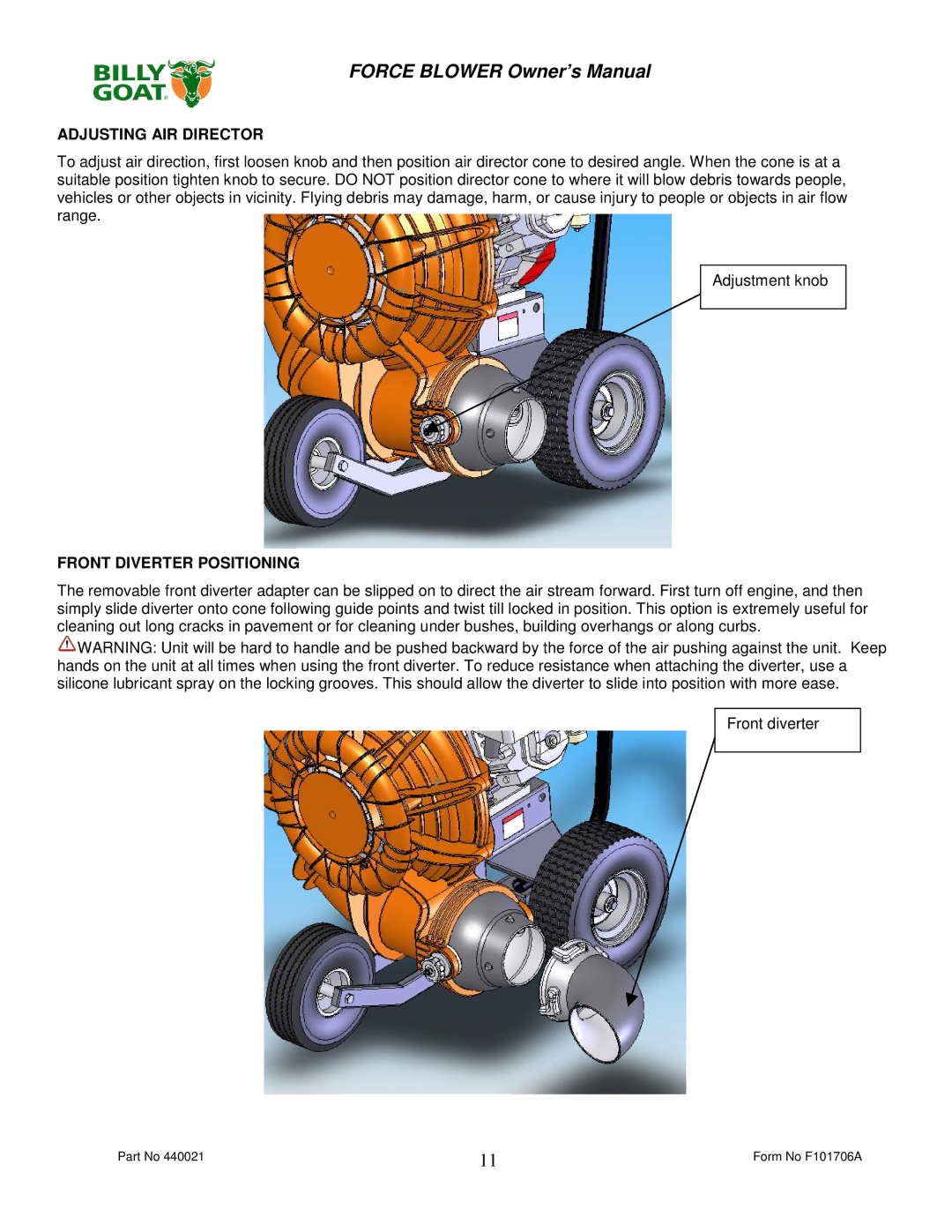 Billy Goat P / N 440140, P / N 440120 owner manual Adjusting AIR Director 