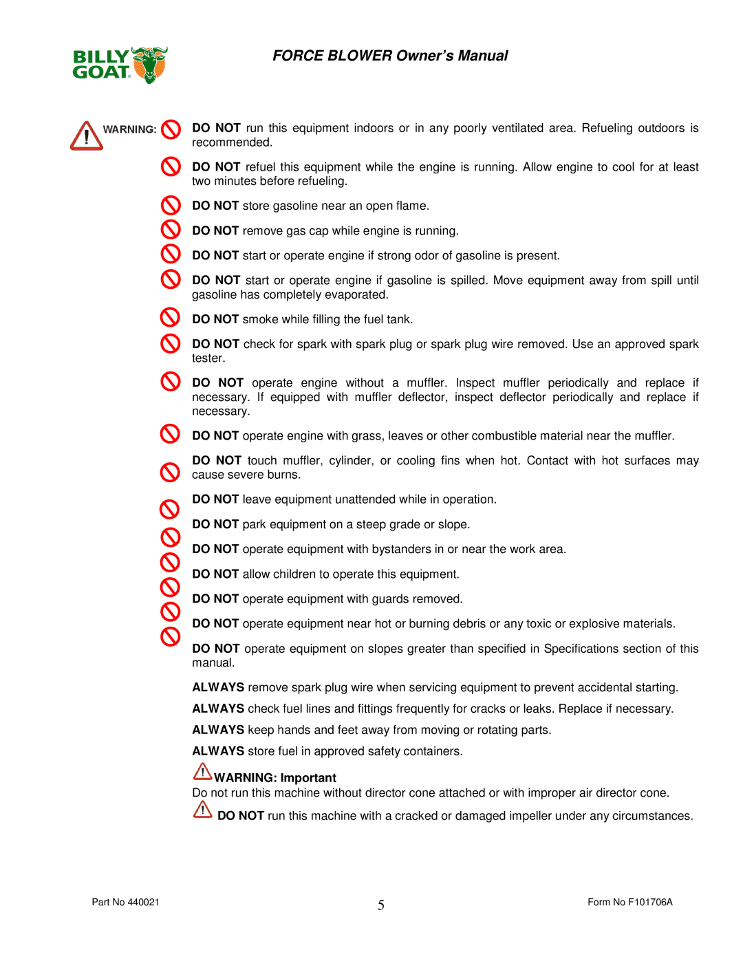 Billy Goat P / N 440140, P / N 440120 owner manual Form No F101706A 