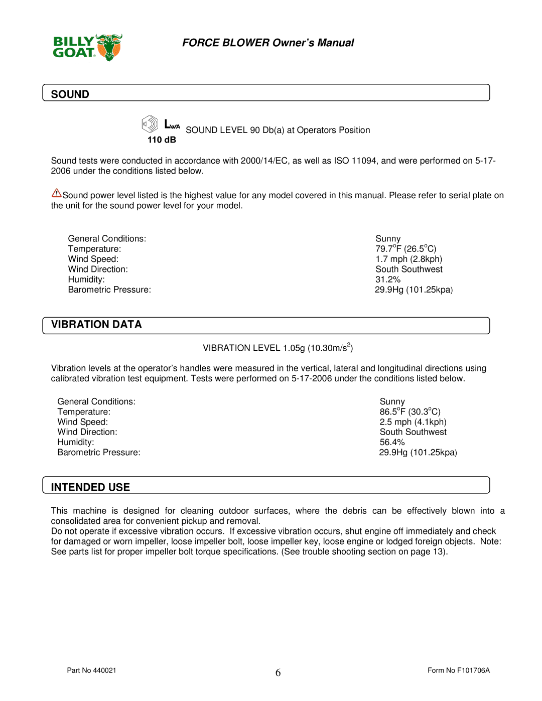 Billy Goat P / N 440120, P / N 440140 owner manual Sound, Vibration Data, Intended USE 