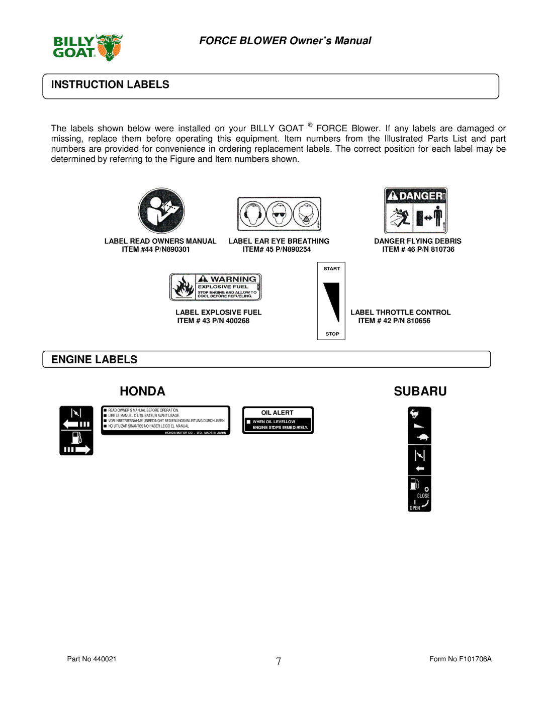 Billy Goat P / N 440140, P / N 440120 owner manual Instruction Labels, Engine Labels 