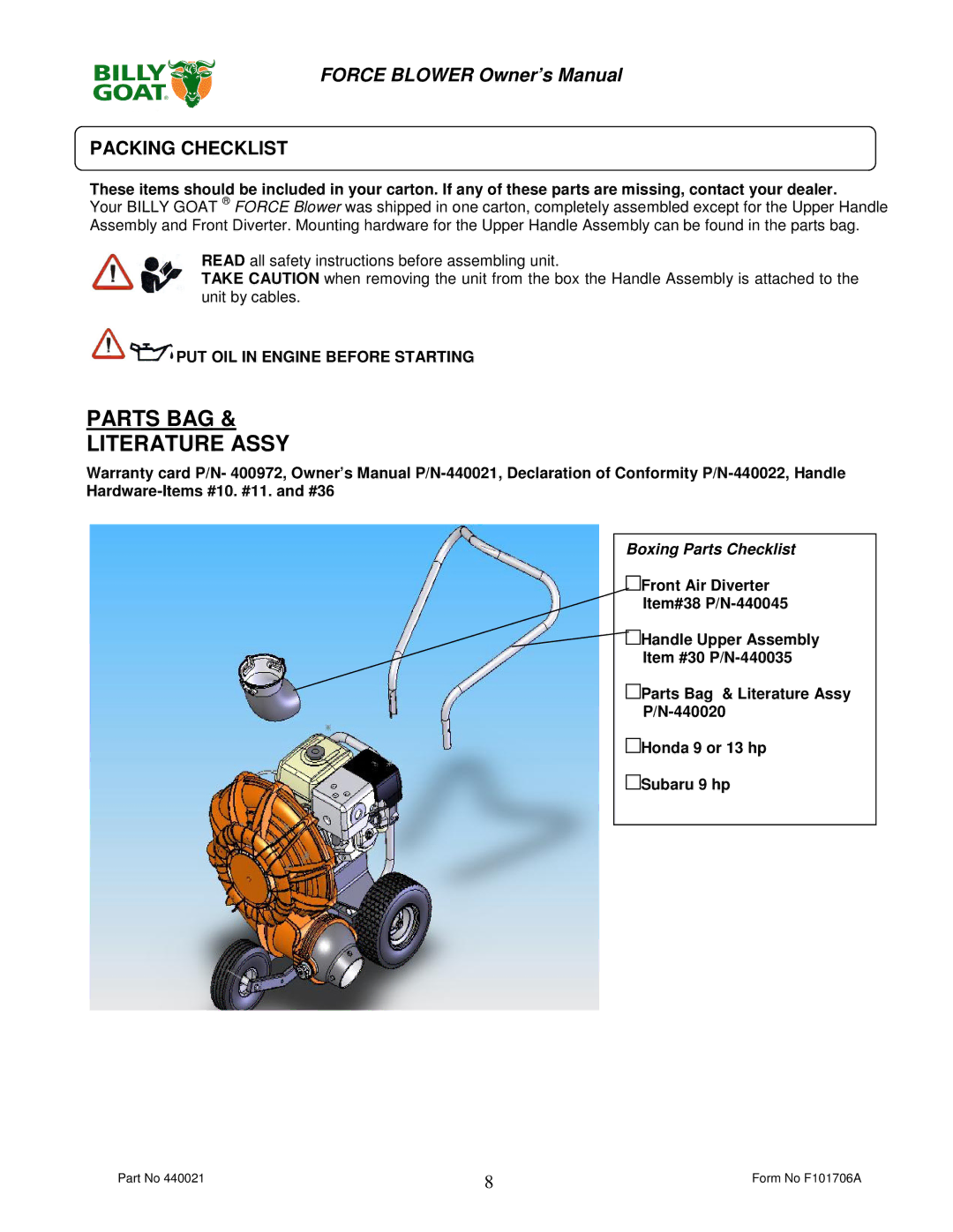 Billy Goat P / N 440120, P / N 440140 owner manual Parts BAG Literature Assy, Packing Checklist 