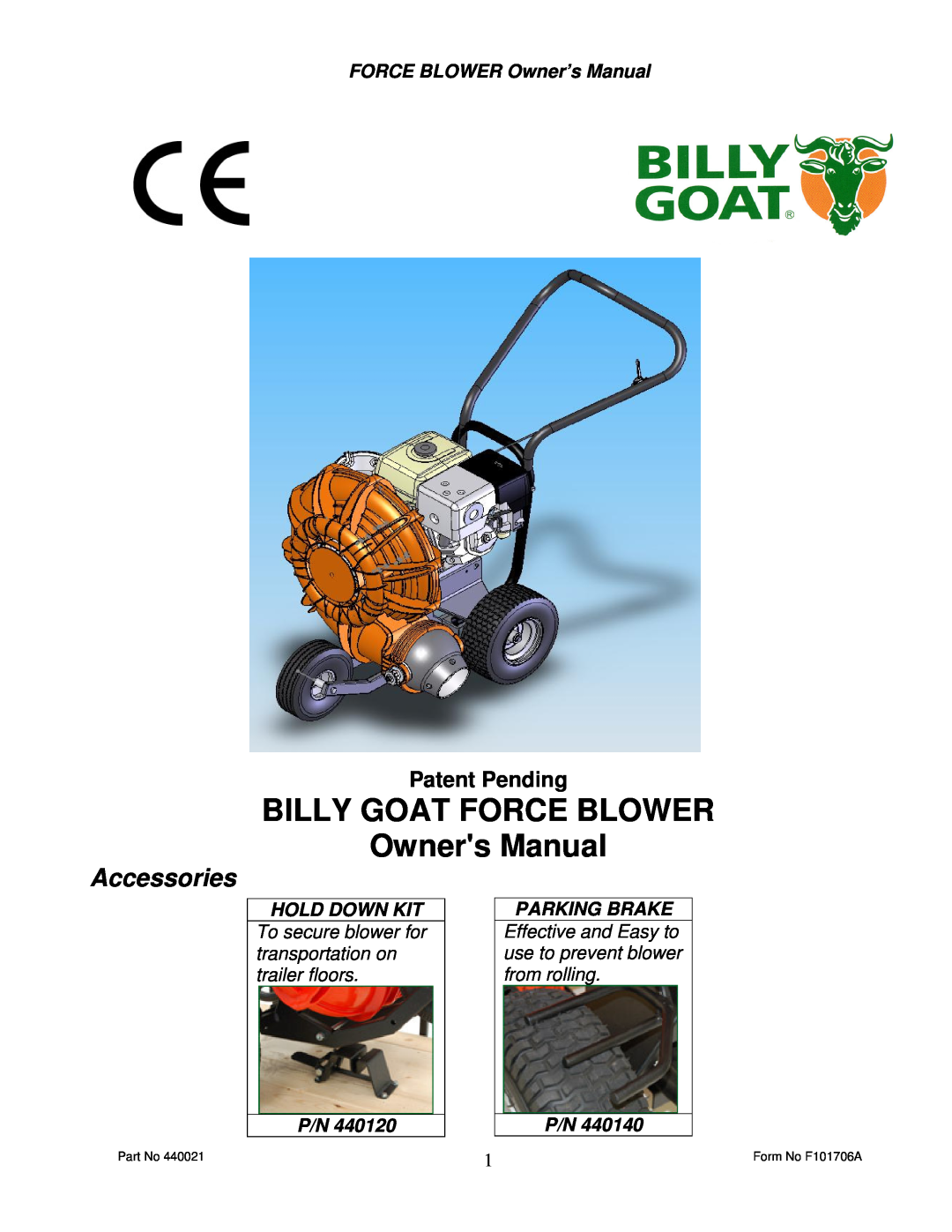 Billy Goat P / N 440140, P / N 440120 owner manual Patent Pending, Hold Down Kit, Parking Brake, Accessories 
